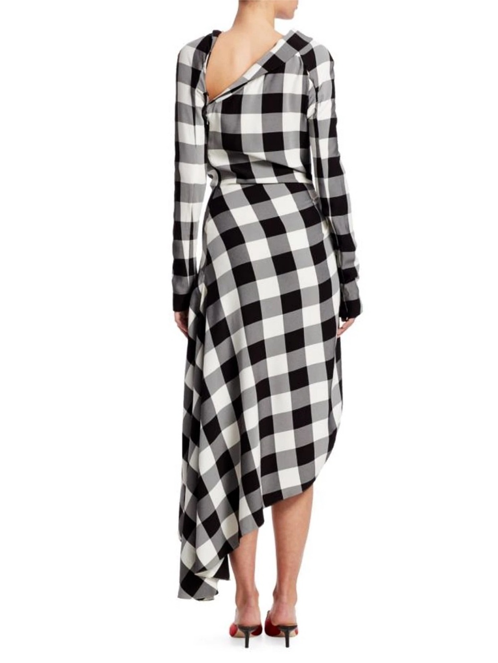 MONSE Black and White Buffalo-Check Asymmetrical Midi Dress